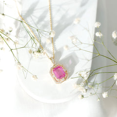 2.7 Carat Lab Created Pink Sapphire Emerald Cut Pendant with Moissanite