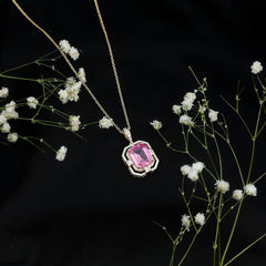 2.7 Carat Lab Created Pink Sapphire Emerald Cut Pendant with Moissanite