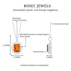 Vintage Emerald Cut Created Orange Sapphire Pendant with Moissanite