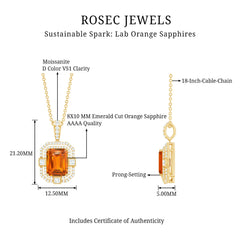 Vintage Emerald Cut Created Orange Sapphire Pendant with Moissanite