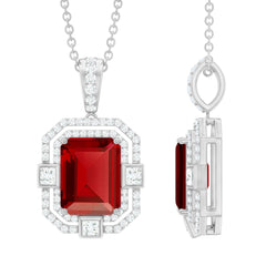 Vintage Inspired Octagon Created Ruby Pendant with Moissanite