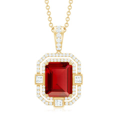 Vintage Inspired Octagon Created Ruby Pendant with Moissanite
