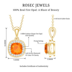 Certified 1 Carat Cushion Cut Fire Opal Pendant Necklace with Diamond Halo