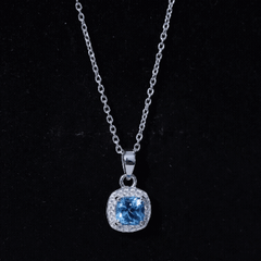 Natural Cushion Cut Swiss Blue Topaz Moissanite Halo Necklace with Silver Chain