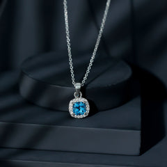 Natural Cushion Cut Swiss Blue Topaz Moissanite Halo Necklace with Silver Chain