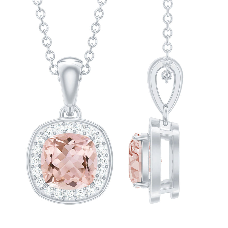 Natural Cushion Cut 1 Carat Morganite Necklace with Moissanite Halo