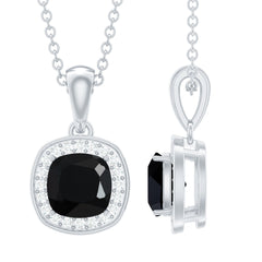 Certified 2 Carat Cushion Cut Black Spinel Necklace with Moissanite Halo