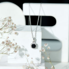 Certified 2 Carat Cushion Cut Black Spinel Necklace with Moissanite Halo