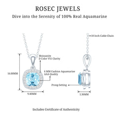 Cushion Cut 1 Carat Aquamarine Classic Necklace with Silver Chain