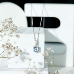 Cushion Cut 1 Carat Aquamarine Classic Necklace with Silver Chain