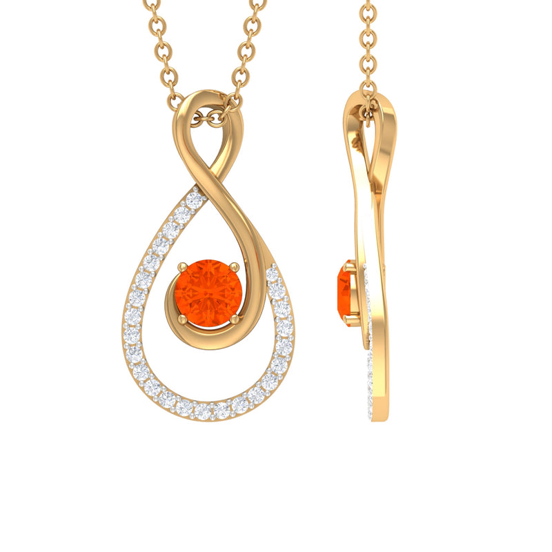 Natural Fire Opal Infinity Pendant Necklace with Diamond