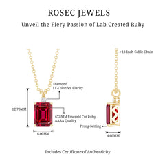 Certified 1.6 Carat Lab Grown Ruby and Diamond Emerald Cut Necklace with Silver Chain