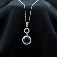 Lab Grown Blue Sapphire Halo Pendant with Moissanite