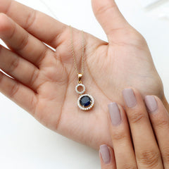 Lab Grown Blue Sapphire Halo Pendant with Moissanite