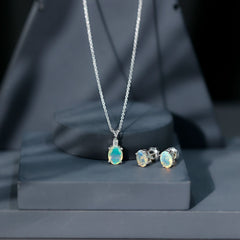 Real Ethiopian Opal Solitaire Jewelry Set with Diamond