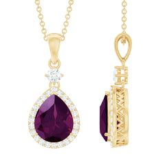 3.25 Carat Rhodolite Teardrop Necklace with Diamond Halo