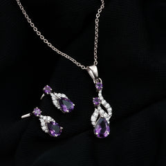 Real Amethyst and Diamond Bridal Dangle Necklace Earrings Set
