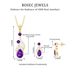 Real Amethyst and Diamond Bridal Dangle Necklace Earrings Set