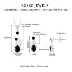 Natural Black Onyx Drop Pendant and Earrings Set with Diamond