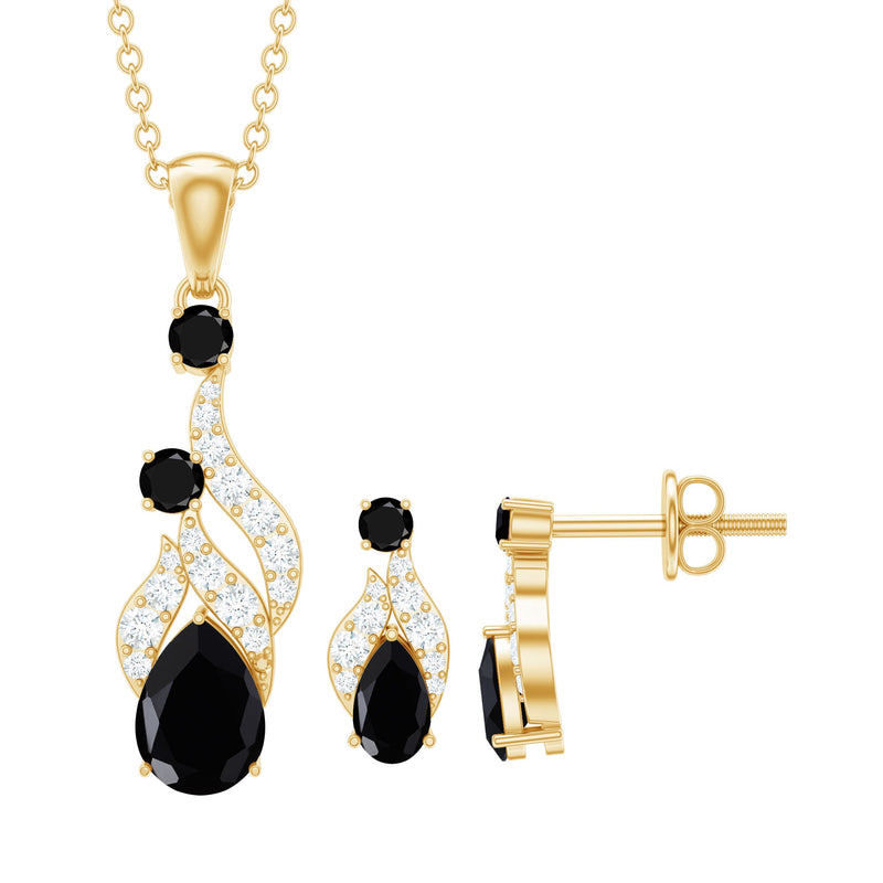 Natural Black Onyx Drop Pendant and Earrings Set with Diamond