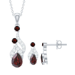 Garnet and Diamond Bridal Dangle Pendant and Earrings Set