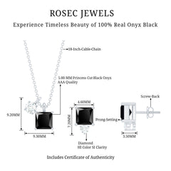 Natural 1.65 Carat Princess Cut Black Onyx Pendant and Earrings Set with Diamond