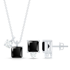 Natural 1.65 Carat Princess Cut Black Onyx Pendant and Earrings Set with Diamond