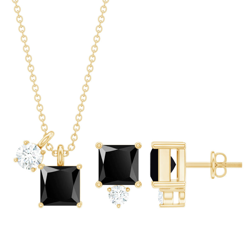 Natural 1.65 Carat Princess Cut Black Onyx Pendant and Earrings Set with Diamond