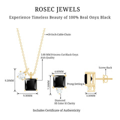 Natural 1.65 Carat Princess Cut Black Onyx Pendant and Earrings Set with Diamond