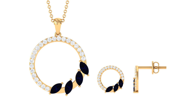 Real Blue Sapphire Diamond Circle Necklace and Earrings Set
