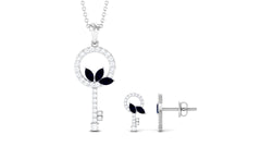 Natural Blue Sapphire Key Pendant and Earrings Set with Diamond