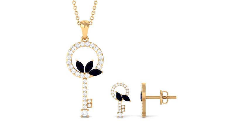 Natural Blue Sapphire Key Pendant and Earrings Set with Diamond