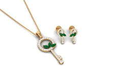 Marquise Cut Emerald and Diamond Key Pendant and Earrings