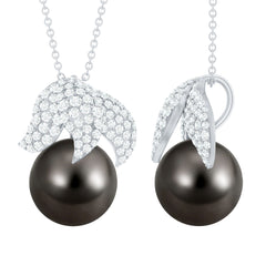 Black Tahitian Pearl and Diamond Leaf Pendant Necklace