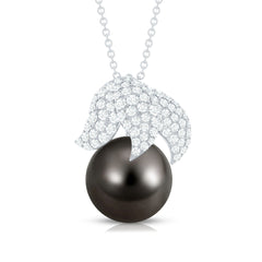 Black Tahitian Pearl and Diamond Leaf Pendant Necklace