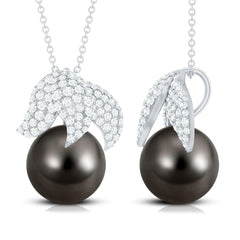 Black Tahitian Pearl and Diamond Leaf Pendant Necklace