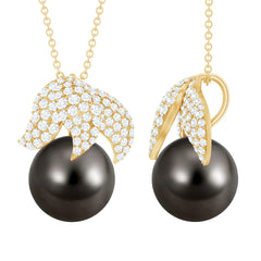 Black Tahitian Pearl and Diamond Leaf Pendant Necklace