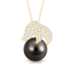 Black Tahitian Pearl and Diamond Leaf Pendant Necklace