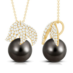 Black Tahitian Pearl and Diamond Leaf Pendant Necklace