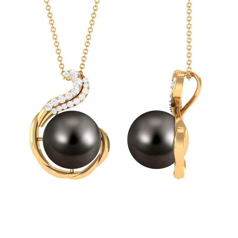 Real 7.5 Carat Tahitian Black Pearl Necklace with Diamond