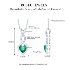 Certified 1.3 Carat Lab Grown Emerald Infinity Heart Pendant Necklace with Diamond