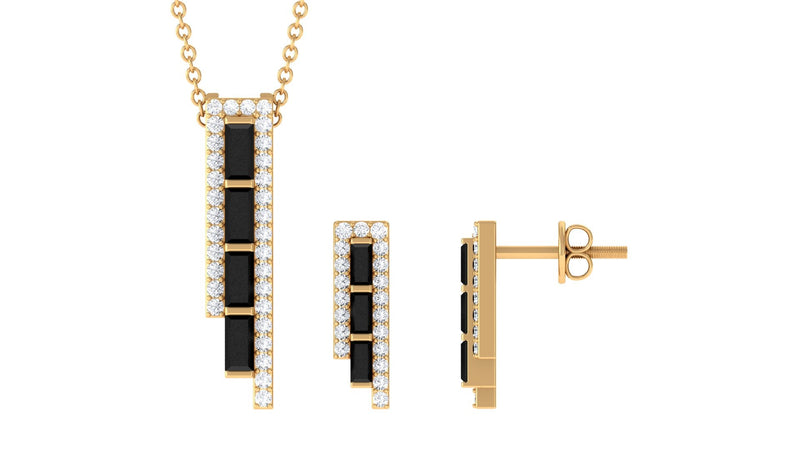 Real Baguette Shape Black Onyx Diamond Bar Jewelry Set for Women
