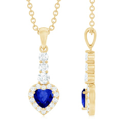 Real 0.65 Carat Blue Sapphire Heart Pendant Necklace with Diamond Halo
