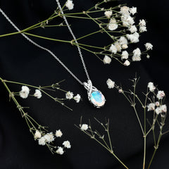 8X10 MM Oval Rainbow Opal Solitaire Necklace with Moissanite