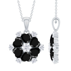 Natural Heart Shape Black Onyx Flower Pendant Necklace With Chain
