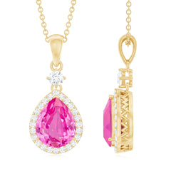 Created Pink Sapphire Teardrop Pendant Necklace With Diamond Halo