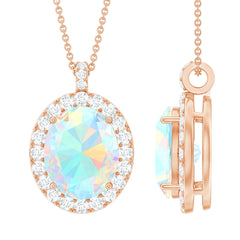 Real 1 Carat Ethiopian Opal Oval Pendant Necklace with Diamond Halo