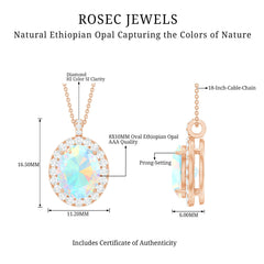 Real 1 Carat Ethiopian Opal Oval Pendant Necklace with Diamond Halo