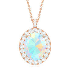 Real 1 Carat Ethiopian Opal Oval Pendant Necklace with Diamond Halo