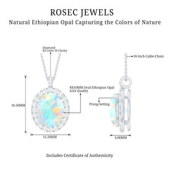 Real 1 Carat Ethiopian Opal Oval Pendant Necklace with Diamond Halo